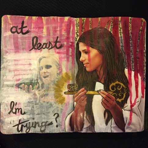 A collaborative art journal page with Beatriz Helton, a mixed media collage of a woman holding a key; the page was created with collage material, ink, and acrylic paint.