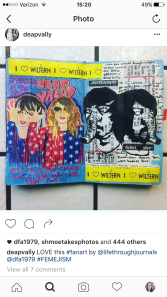 An art journal page with an ink drawing of Deap Vally and Death From Above after a concert that was reposted by Deap Vally on Instagram